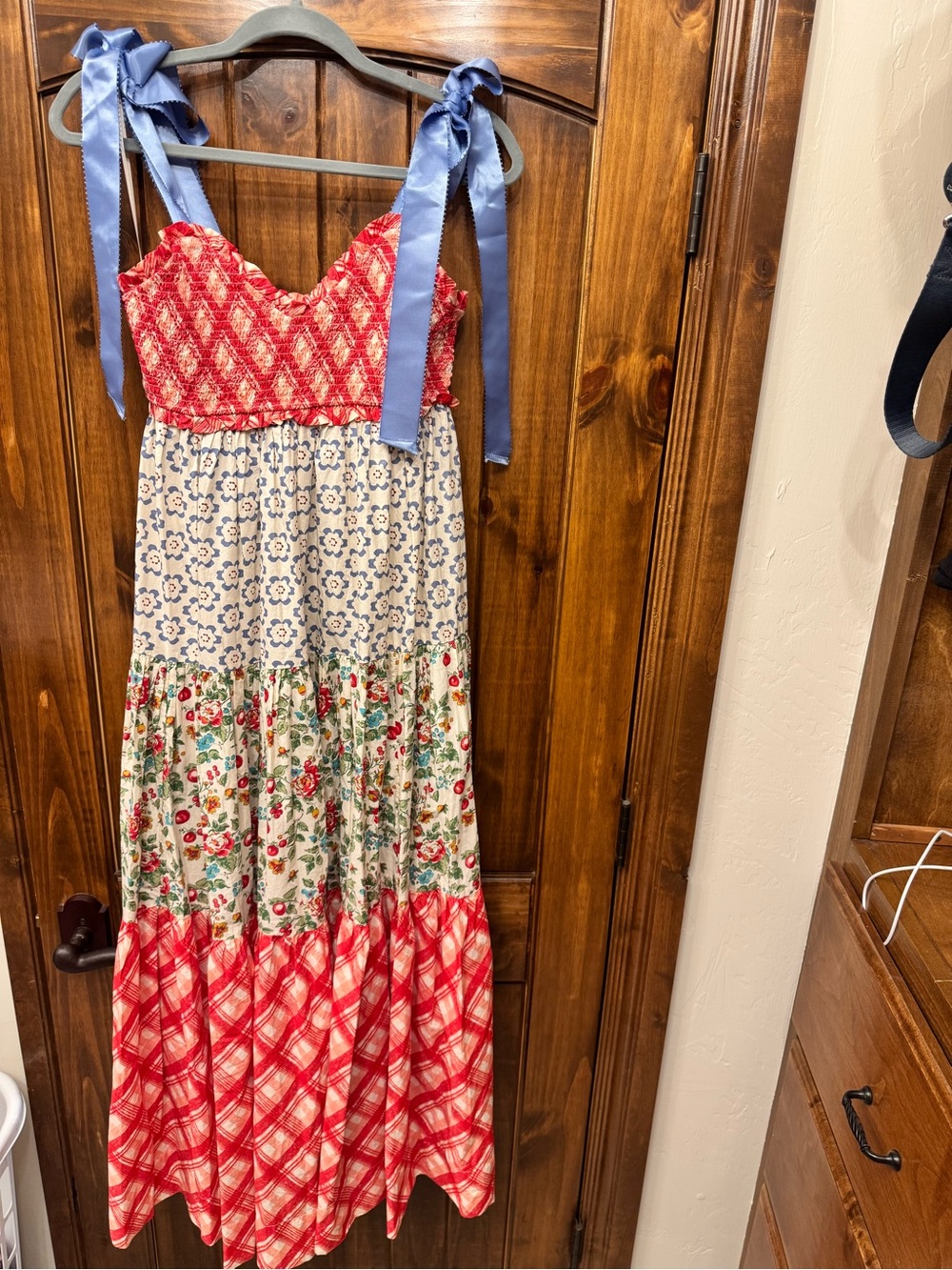 Free People Red Mixed-Print Sundress with Blue Ribbon Straps